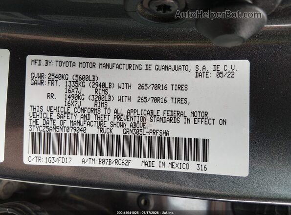 3TYCZ5AN5NT079040 2022 TOYOTA TACOMA Gray Vista del compartimento del motor