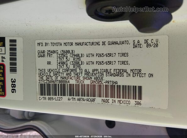 3TYCZ5AN6MT008864 2021 TOYOTA TACOMA Белый Вид подкапотного пространства