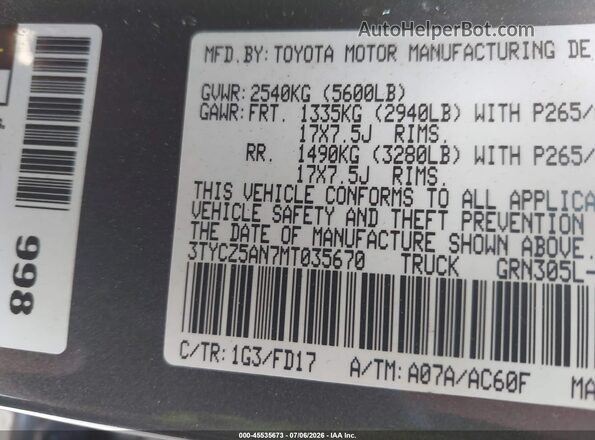 3TYCZ5AN7MT035670 2021 TOYOTA TACOMA Black ძრავის განყოფილების ხედი