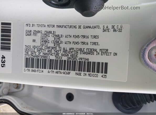 3TYCZ5AN8NT090811 2022 TOYOTA TACOMA White Engine compartment view