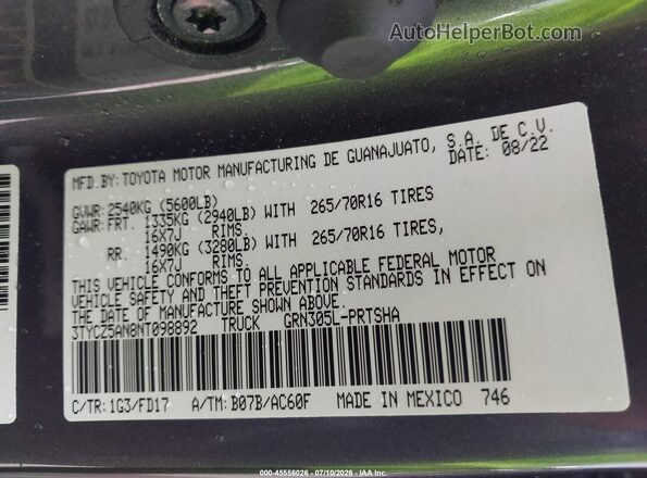 3TYCZ5AN8NT098892 2022 TOYOTA TACOMA Gray ძრავის განყოფილების ხედი