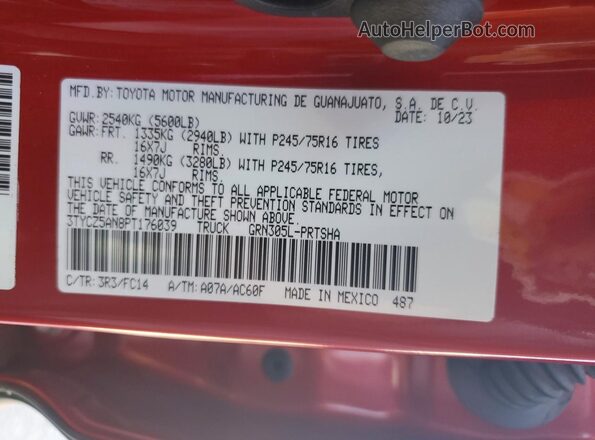 3TYCZ5AN8PT176039 2023 TOYOTA TACOMA Red VIN կոդի պիտակի տեսք