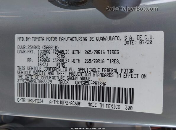 3TYCZ5AN9LT003379 2020 TOYOTA TACOMA Gray ძრავის განყოფილების ხედი