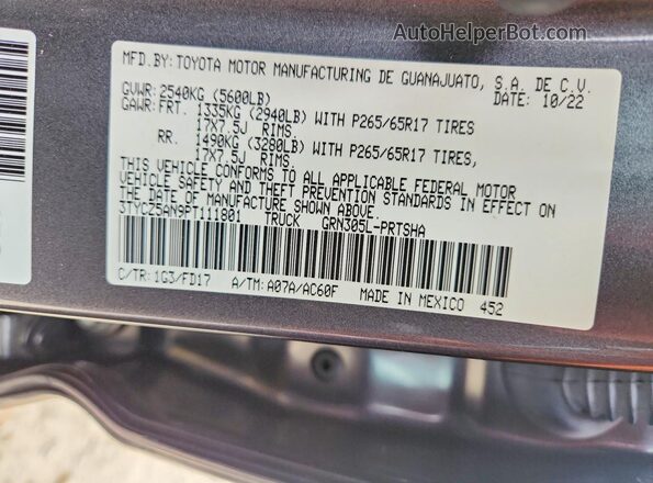 3TYCZ5AN9PT111801 2023 TOYOTA TACOMA Gray Widok naklejki z numerem VIN
