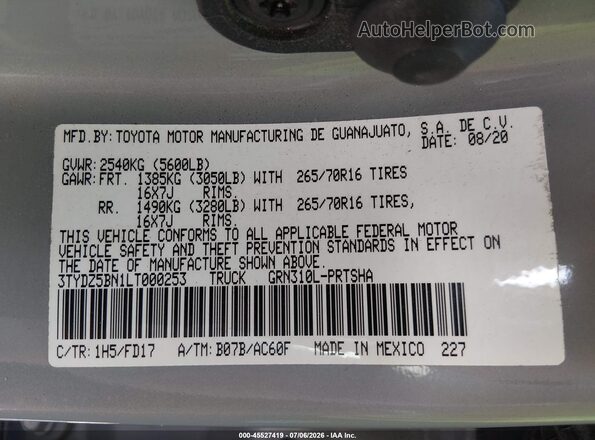 3TYDZ5BN1LT000253 2020 TOYOTA TACOMA Gray Widok komory silnika