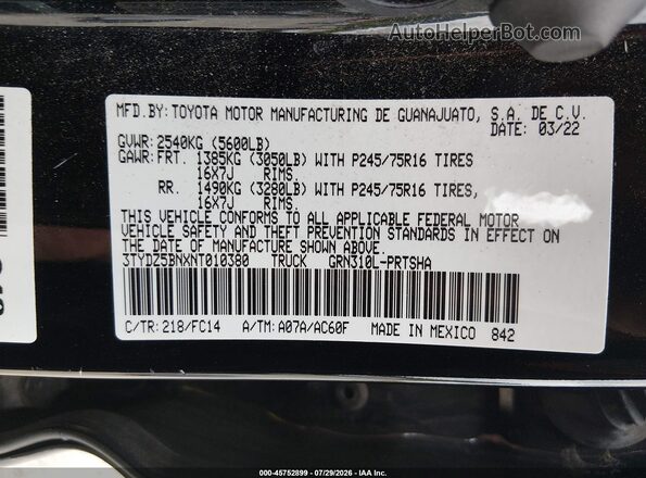 3TYDZ5BNXNT010380 2022 TOYOTA TACOMA Black Вид підкапотного простору