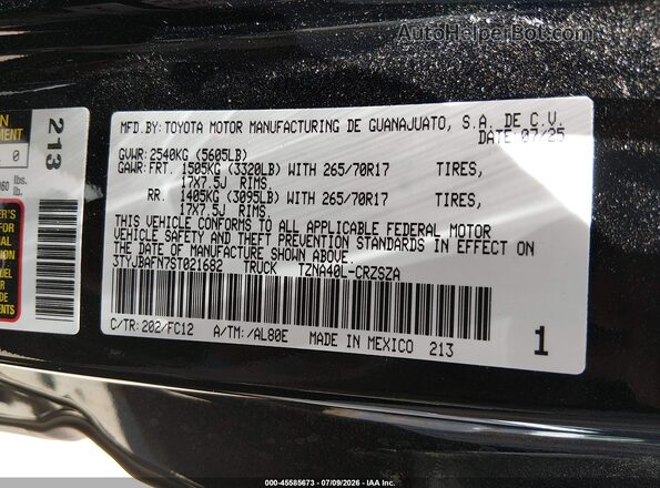 3TYJBAFN7ST021682 2025 TOYOTA TACOMA Black Շարժիչի բաժամունքի տեսք