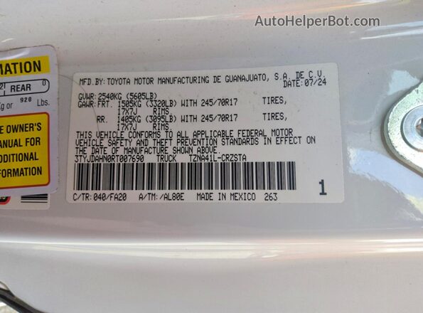 3TYJDAHN0RT007690 2024 TOYOTA TACOMA White Vista interior delantera