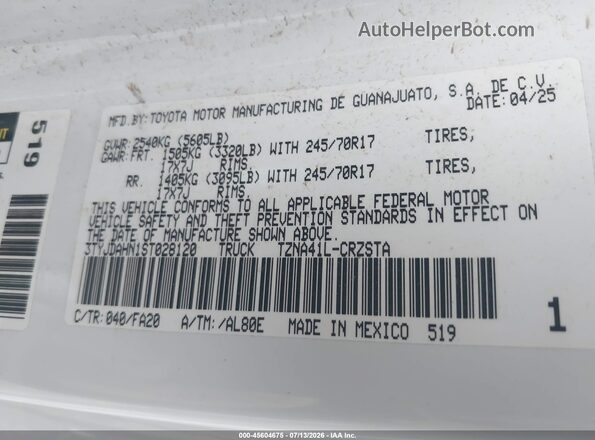 3TYJDAHN1ST028120 2025 TOYOTA TACOMA White Вид підкапотного простору