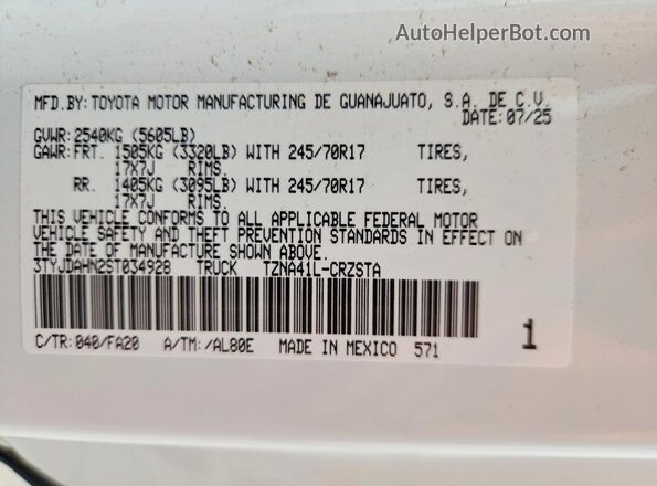 3TYJDAHN2ST034928 2025 TOYOTA TACOMA White Widok naklejki z numerem VIN