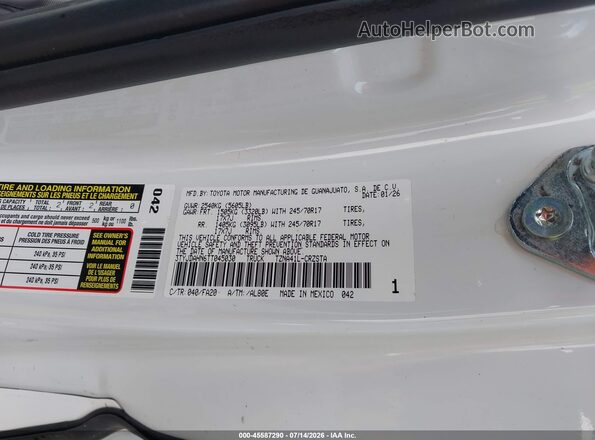 3TYJDAHN6TT045030 2026 TOYOTA TACOMA White Вид підкапотного простору