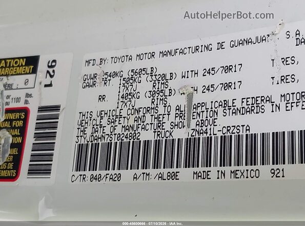 3TYJDAHN7ST024802 2025 TOYOTA TACOMA White Շարժիչի բաժամունքի տեսք