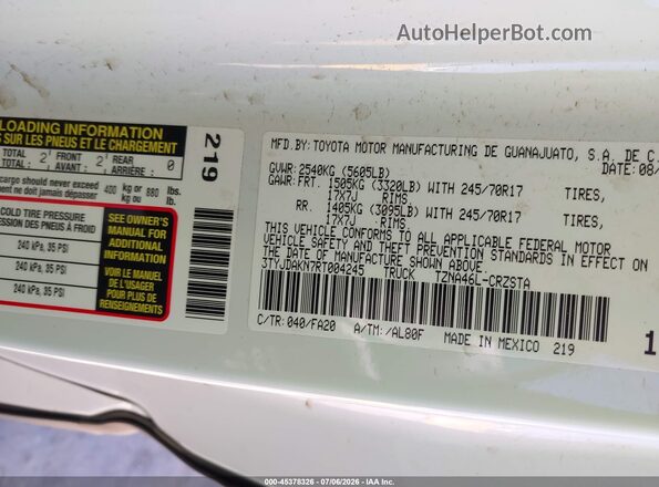 3TYJDAKN7RT004245 2024 TOYOTA TACOMA White Vista del compartimento del motor