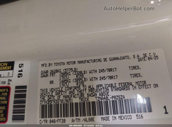 3TYKB5FN3ST019651 2025 TOYOTA TACOMA White Շարժիչի բաժամունքի տեսք