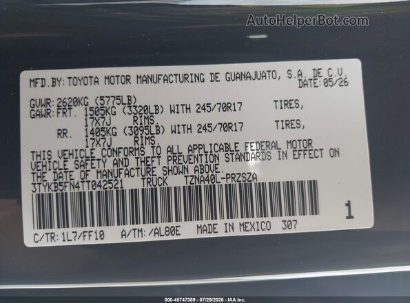 3TYKB5FN4TT042521 2026 TOYOTA TACOMA Gray ძრავის განყოფილების ხედი
