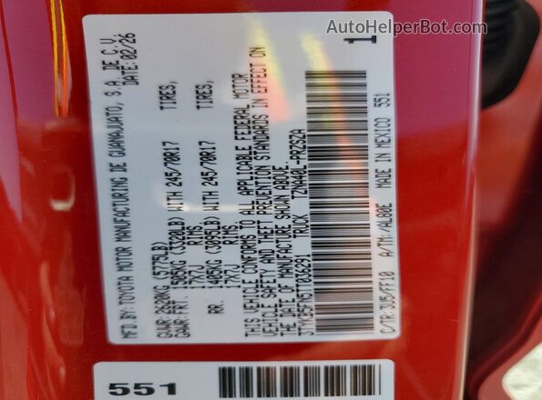 3TYKB5FN5TT036291 2026 TOYOTA TACOMA Red Շարժիչի բաժամունքի տեսք