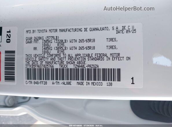 3TYKB5FN6ST025766 2025 TOYOTA TACOMA White Շարժիչի բաժամունքի տեսք