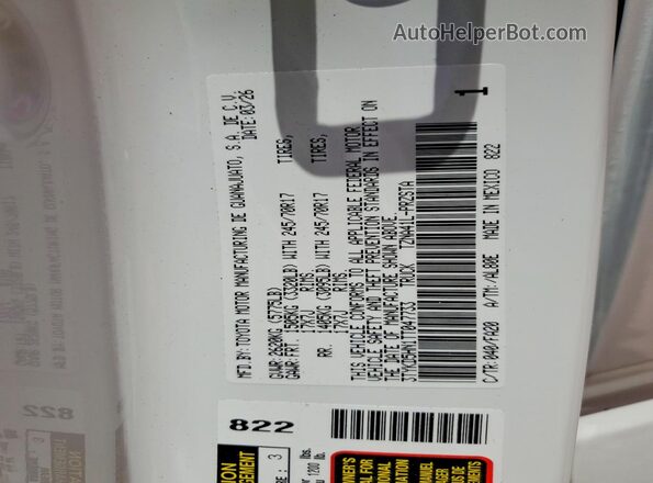 3TYKD5HN1TT047733 2026 TOYOTA TACOMA White Vista de la etiqueta del VIN