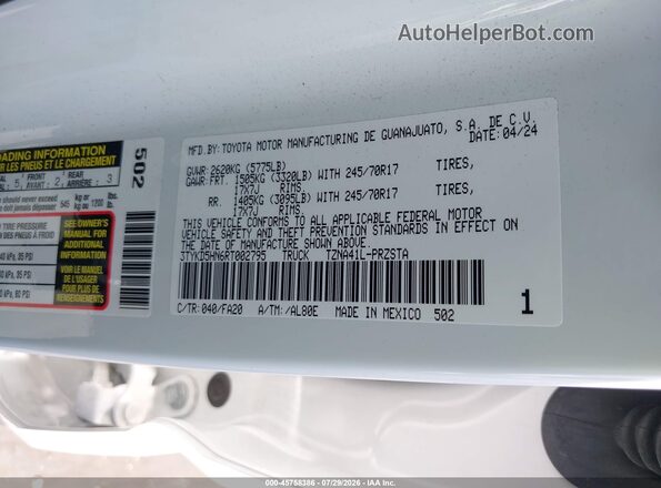 3TYKD5HN6RT002795 2024 TOYOTA TACOMA White Շարժիչի բաժամունքի տեսք