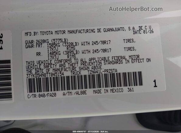 3TYKD5HN8TT045154 2026 TOYOTA TACOMA White Rear seats view