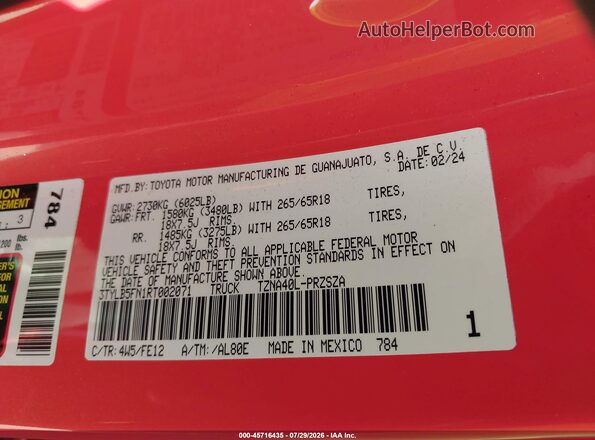 3TYLB5FN1RT002071 2024 TOYOTA TACOMA Orange Vista del compartimento del motor