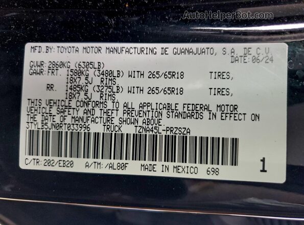 3TYLB5JN0RT033996 2024 TOYOTA TACOMA Black Vista de la etiqueta del VIN