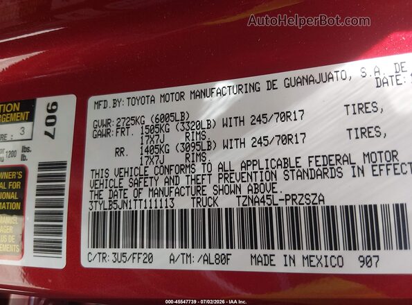 3TYLB5JN1TT111113 2026 TOYOTA TACOMA Red Widok komory silnika