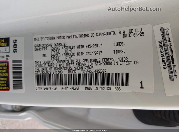 3TYLB5JN3ST071308 2025 TOYOTA TACOMA White Engine compartment view