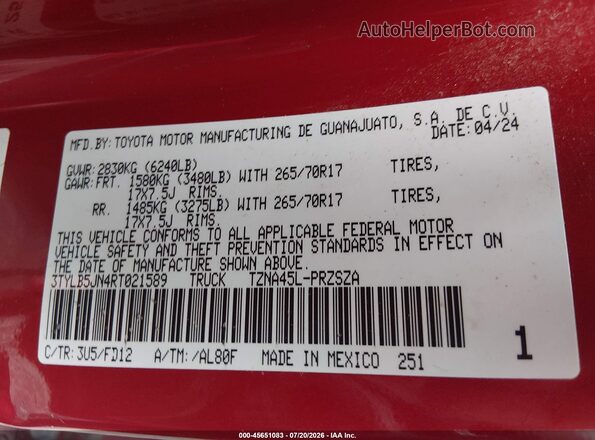 3TYLB5JN4RT021589 2024 TOYOTA TACOMA Red Շարժիչի բաժամունքի տեսք