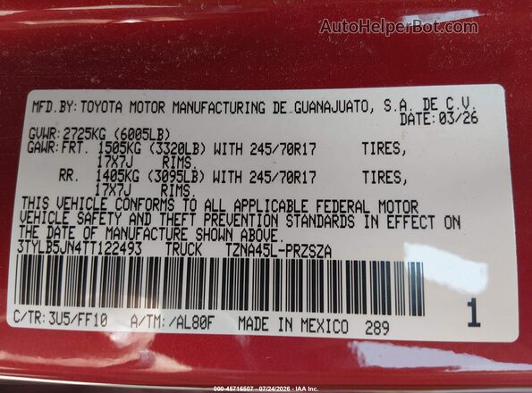 3TYLB5JN4TT122493 2026 TOYOTA TACOMA Red Widok komory silnika