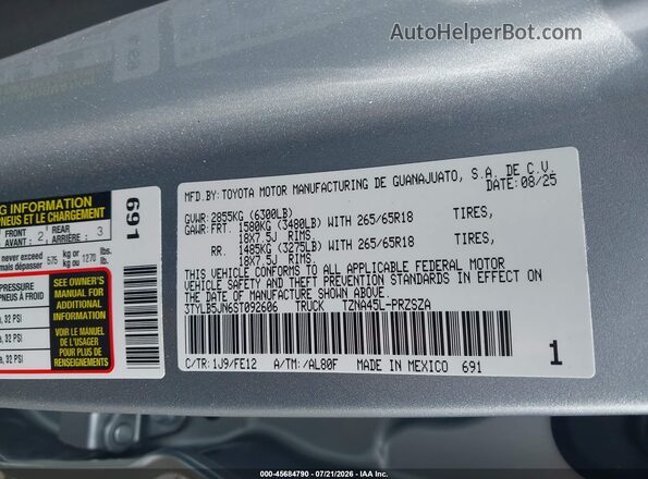 3TYLB5JN6ST092606 2025 TOYOTA TACOMA Silver Շարժիչի բաժամունքի տեսք