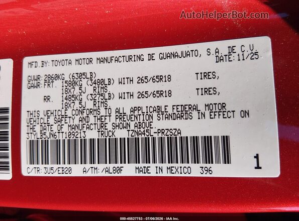 3TYLB5JN6TT109213 2026 TOYOTA TACOMA Red ძრავის განყოფილების ხედი