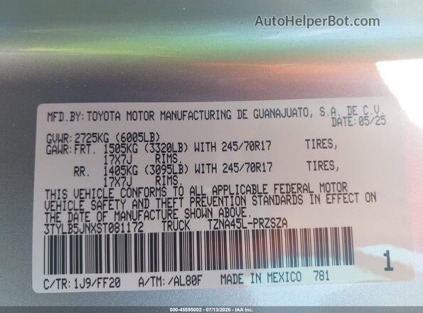 3TYLB5JNXST081172 2025 TOYOTA TACOMA Серебряный Вид подкапотного пространства