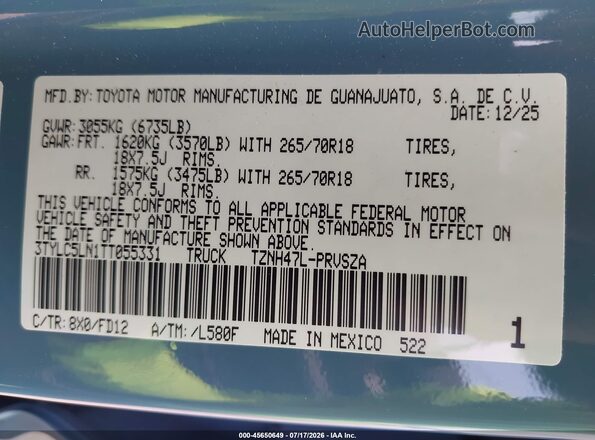 3TYLC5LN1TT055331 2026 TOYOTA TACOMA HYBRID Light Blue Շարժիչի բաժամունքի տեսք