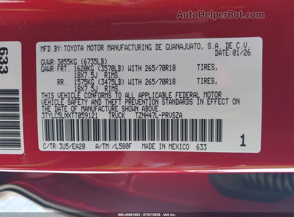 3TYLC5LNXTT059121 2026 TOYOTA TACOMA HYBRID Red Widok komory silnika