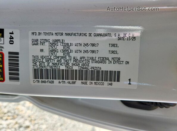 3TYLD5KN1TT023512 2026 TOYOTA TACOMA White ძრავის განყოფილების ხედი