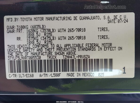 3TYLF5LNXRT005530 2024 TOYOTA TACOMA HYBRID Серый Вид подкапотного пространства