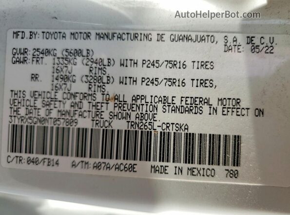 3TYRX5GN0NT057809 2022 TOYOTA TACOMA White Շարժիչի բաժամունքի տեսք