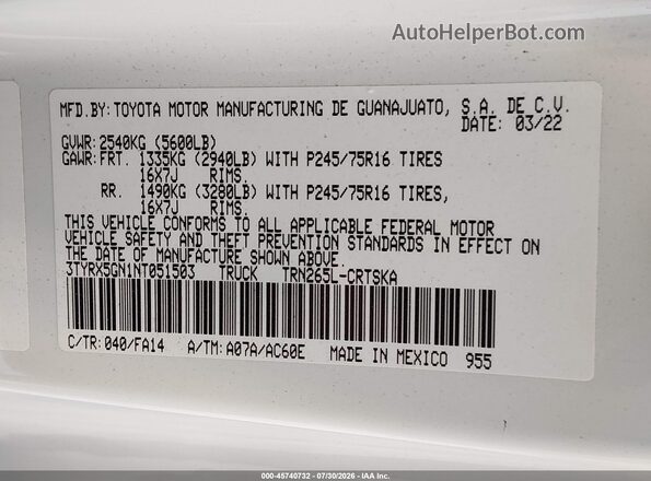 3TYRX5GN1NT051503 2022 TOYOTA TACOMA White Շարժիչի բաժամունքի տեսք