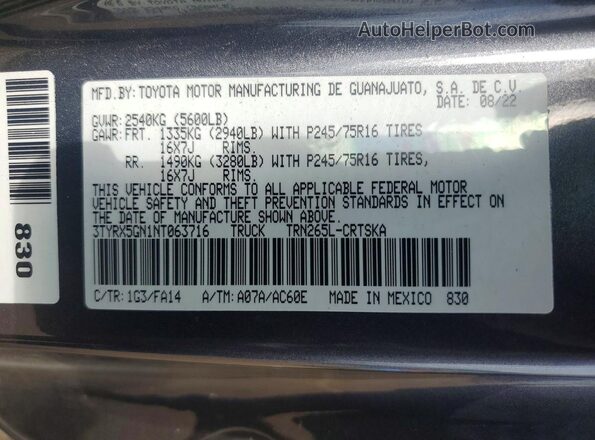 3TYRX5GN1NT063716 2022 TOYOTA TACOMA Charcoal VIN sticker view
