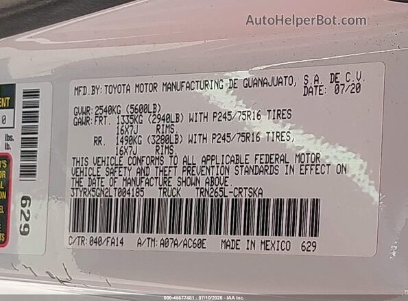 3TYRX5GN2LT004185 2020 TOYOTA TACOMA White Engine compartment view