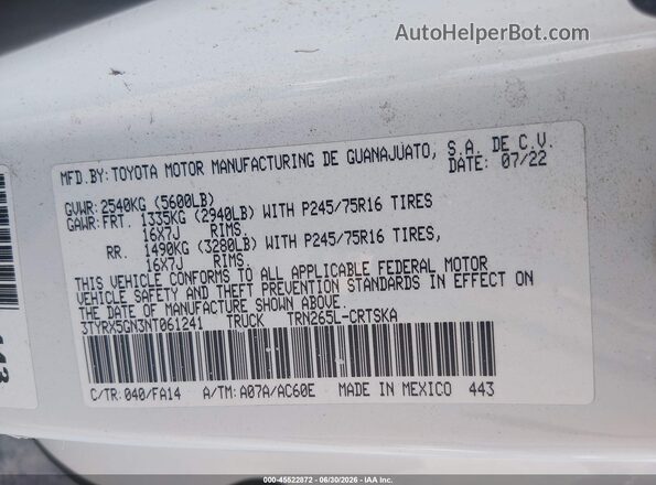 3TYRX5GN3NT061241 2022 TOYOTA TACOMA White ძრავის განყოფილების ხედი