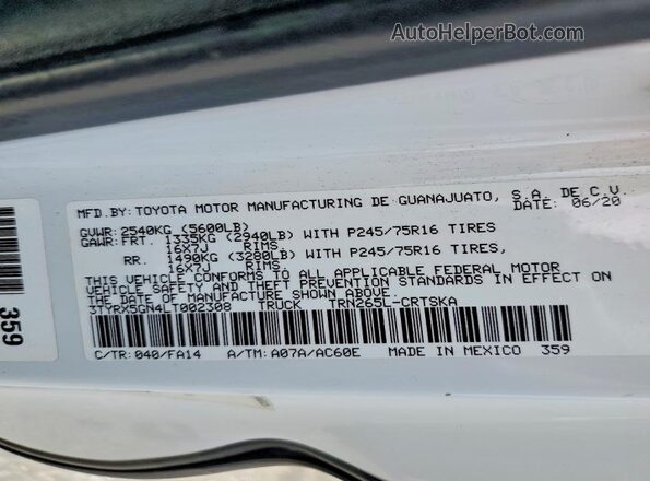 3TYRX5GN4LT002308 2020 TOYOTA TACOMA White Շարժիչի բաժամունքի տեսք