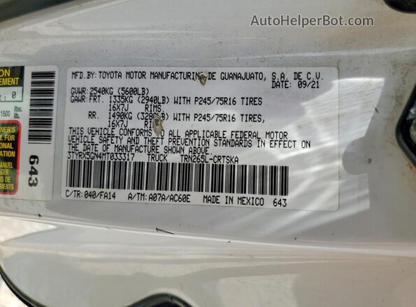 3TYRX5GN4MT033317 2021 TOYOTA TACOMA Белый Вид наклейки с VIN-кодом