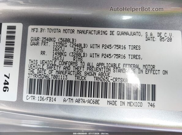 3TYRX5GN6LT001113 2020 TOYOTA TACOMA Silver ძრავის განყოფილების ხედი