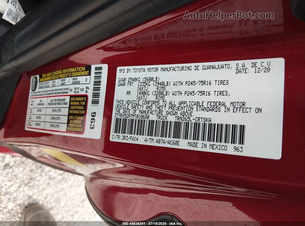 3TYRX5GN7MT010680 2021 TOYOTA TACOMA Red Widok komory silnika