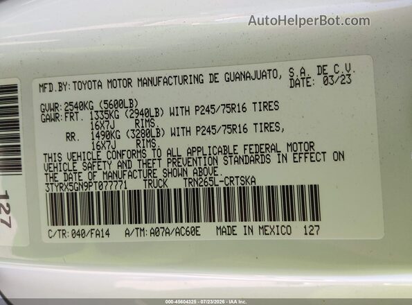 3TYRX5GN9PT077771 2023 TOYOTA TACOMA White Շարժիչի բաժամունքի տեսք
