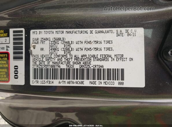 3TYRZ5CN5MT008796 2021 TOYOTA TACOMA Gray Engine compartment view
