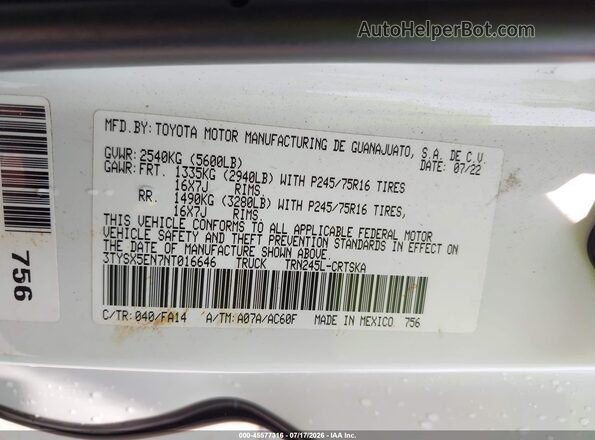 3TYSX5EN7NT016646 2022 TOYOTA TACOMA White Engine compartment view