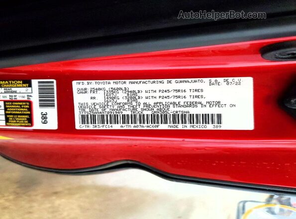 3TYSZ5AN4NT091949 2022 TOYOTA TACOMA Red VIN կոդի պիտակի տեսք